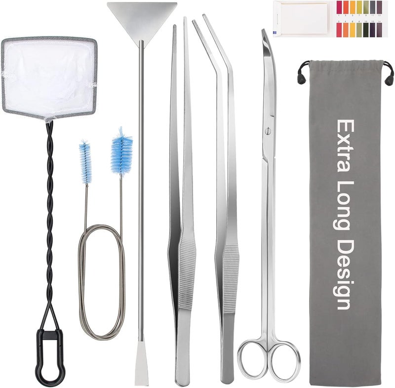 Liveek Extra Long Aquarium Aquascaping Tools Kit 8 in 1, Stainless Steel Aquarium Plant Tools Long Fish Tank Aquascape Tweezers Scissors Scrapers, PH Paper, Fish Net, Aquascape Clean Brush, Bag - Image 1